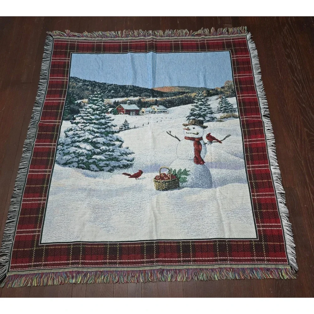 Vintage Woven Tapestry Throw Blanket Snowman Winter Scene Red Plaid Fringe 48x56